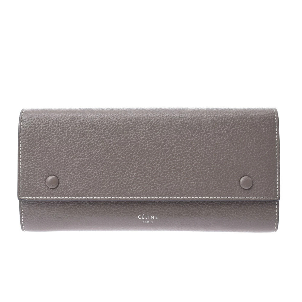 CELINE Flap Wallet Gray Leather Embossed Long